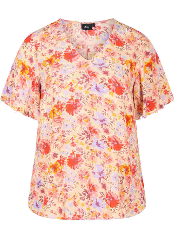 Short sleeved viscose blouse with floral print, Red Orange AOP, Packshot image number 0