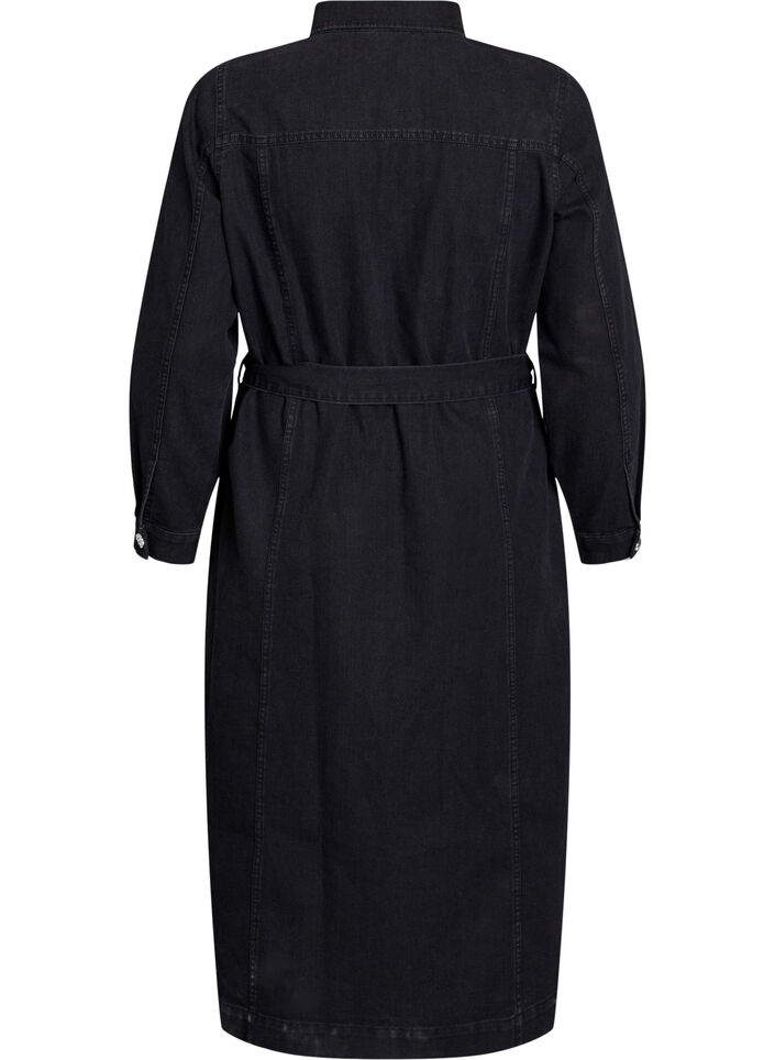 Denim midi dress with a belt and decorative buttons, Black, Packshot image number 1