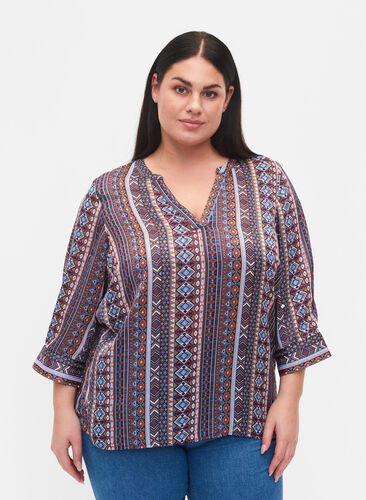 Printed blouse with 3/4 sleeves, Brown Blue Ethnic, Model image number 0