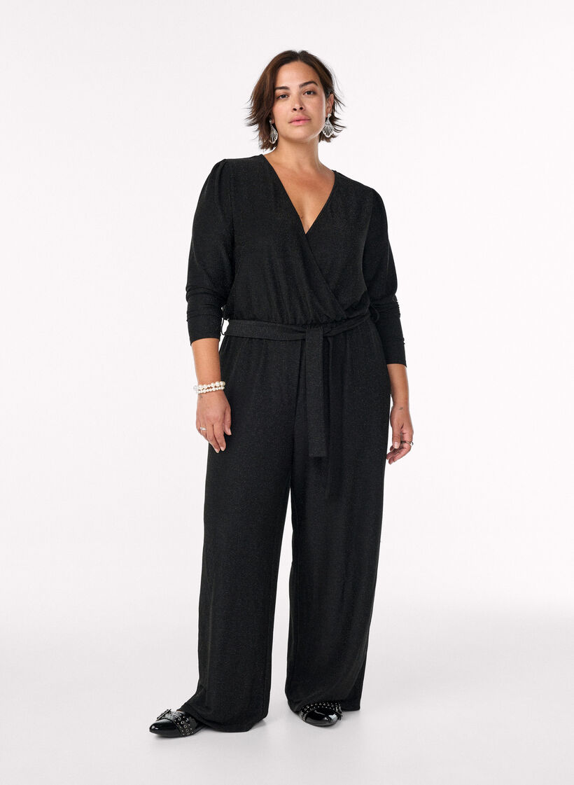 Jumpsuit with glitter and tie-belt, Black, Model image number 0