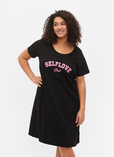 Cotton nightie with short sleeves, Black w. Self, Model image number 0