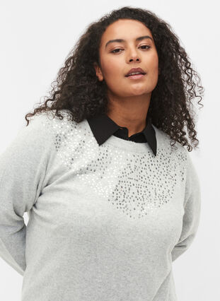 Melange knitted top with sequins, Light Grey Melange, Model image number 2