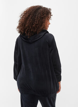 Velour cardigan with zipper and hood, Black, Model image number 1