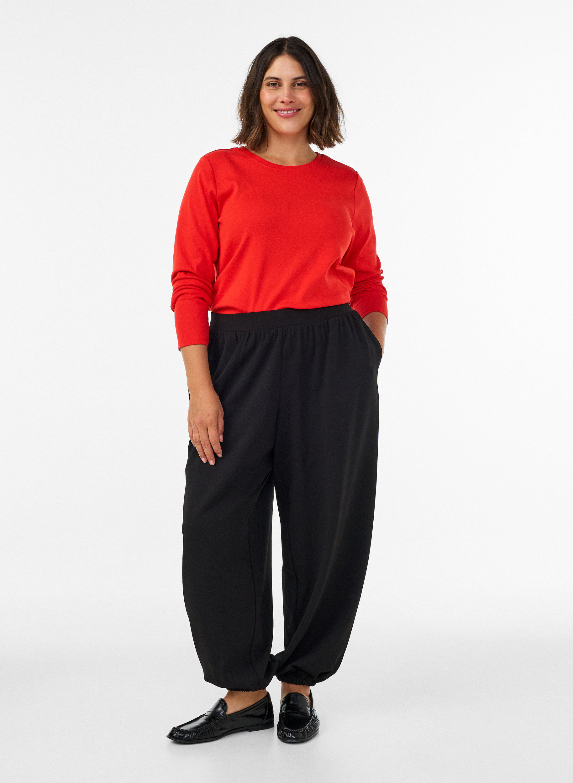 ZizzifashionLong-sleeved basic T-shirt with a round neck, Red, Model image number 1