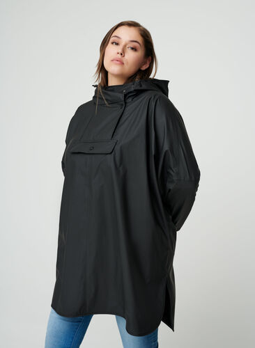 Rain poncho with hood, Black, Model image number 0