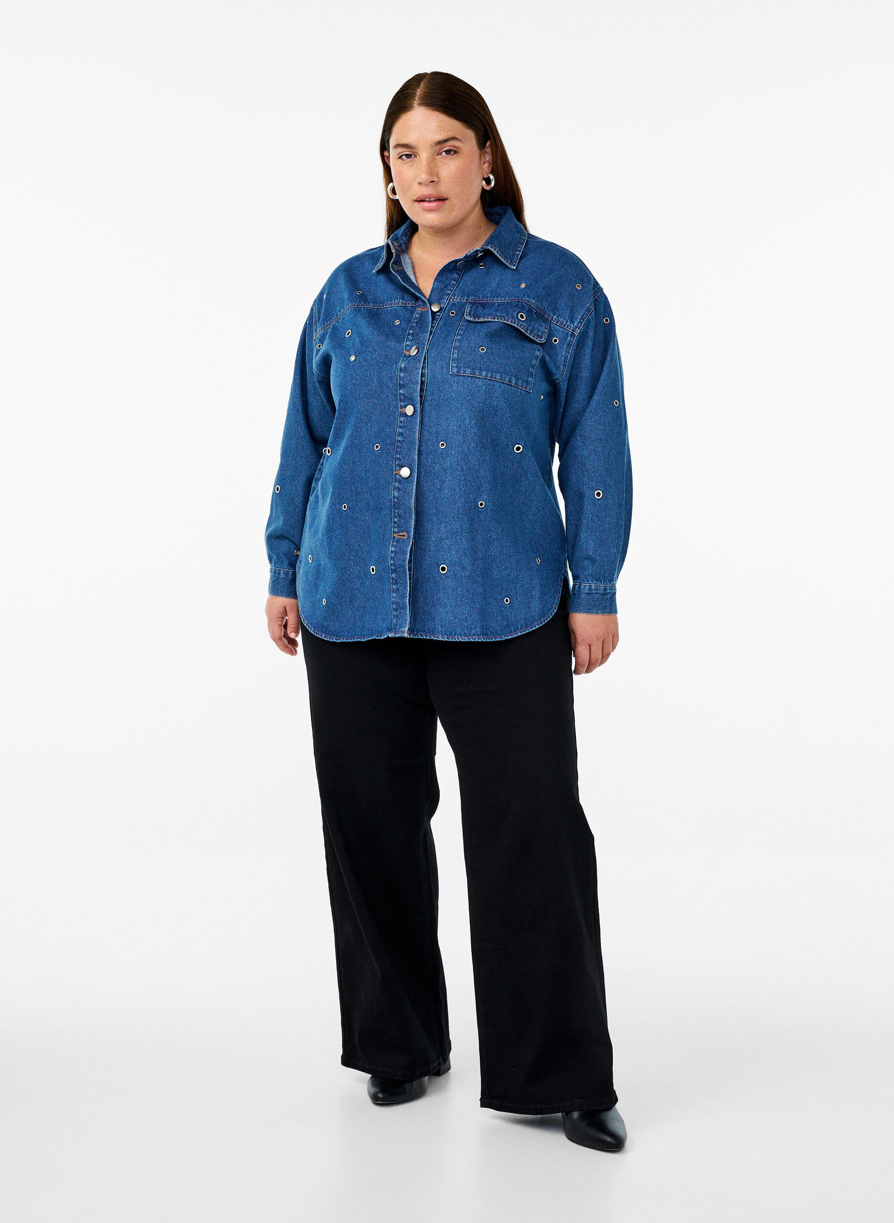 Zizzifashion Denim shirt with eyelets, Blue, Model image number 1