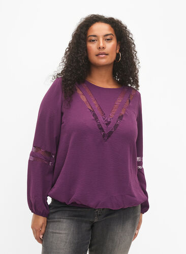 Long-sleeved blouse with lace, Deep Purple, Model image number 0
