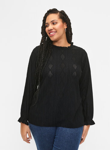 Blouse with ruffle details and tone-on-tone pattern, Black, Model image number 0