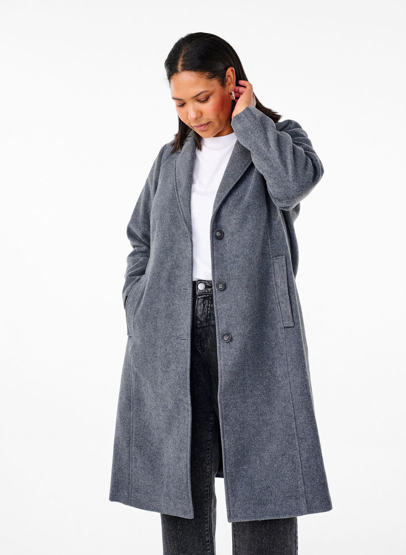 Long wool coat with pockets, Dark Grey Melange, Model image number 0