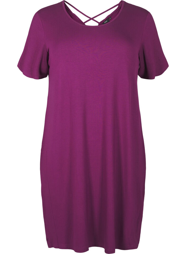 Short sleeve viscose nightgown with back detail, Purple, Packshot image number 0