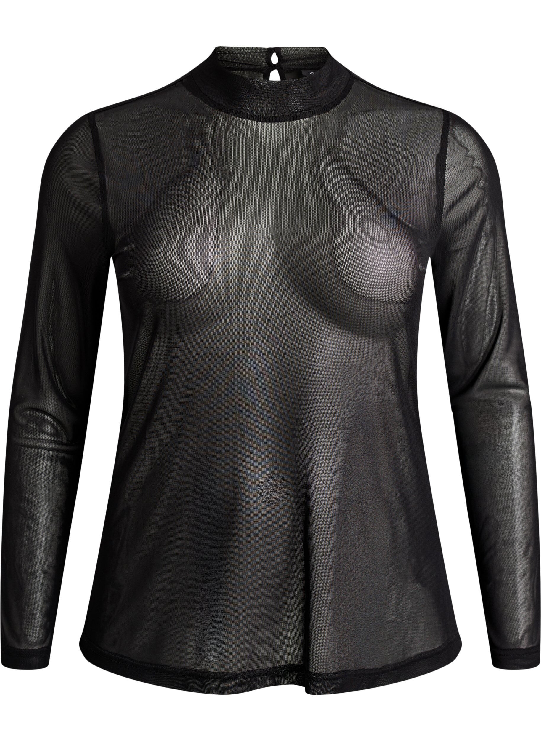 ZizzifashionFitted mesh blouse with long sleeves, Black, Packshot image number 0