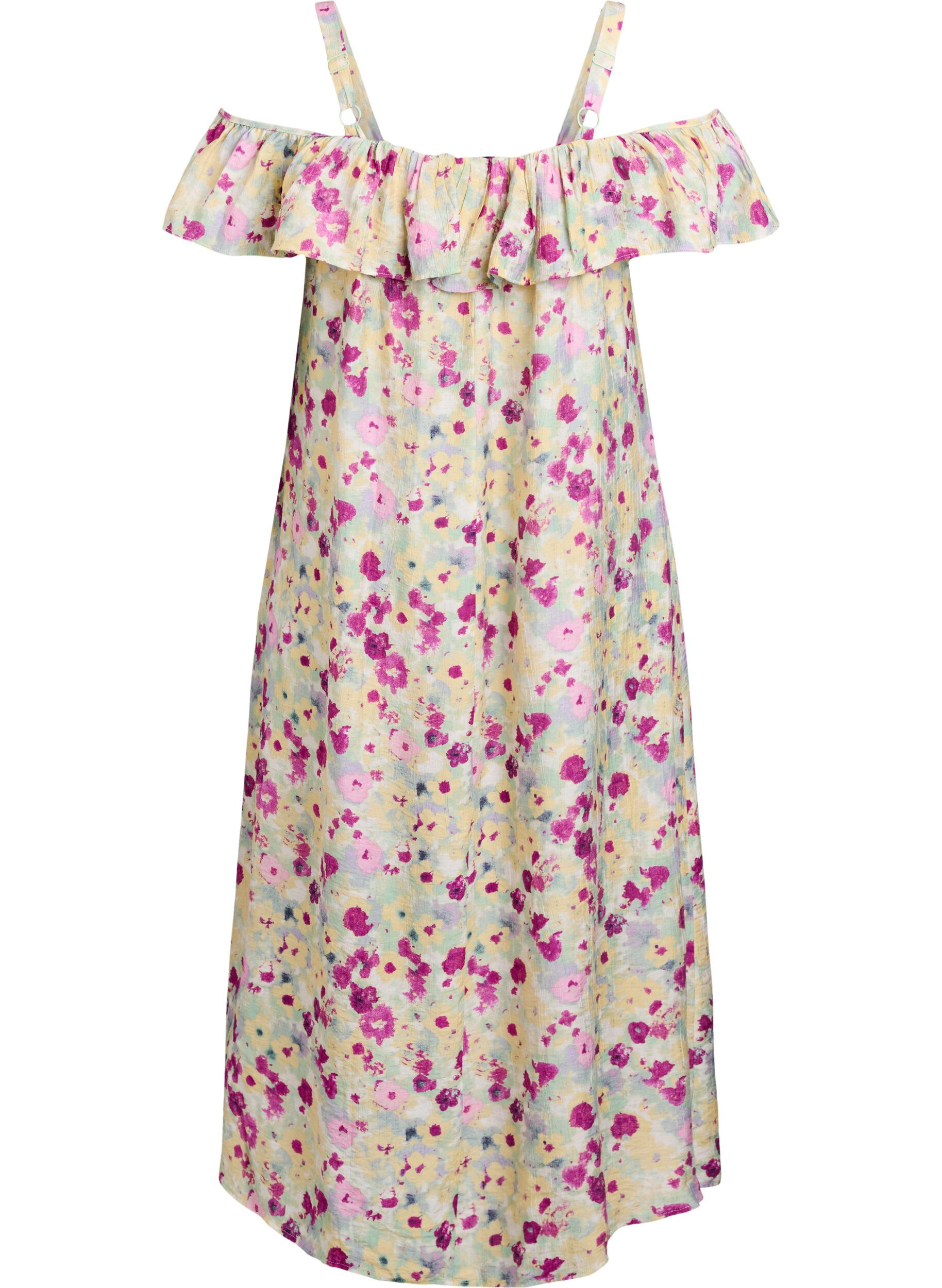 Zizzifashion Floral midi dress with off-shoulder ruffle, Vanilla, Packshot image number 1