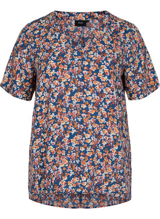 Short-sleeved viscose blouse with a floral print, Amberglow Flowers , Packshot image number 0