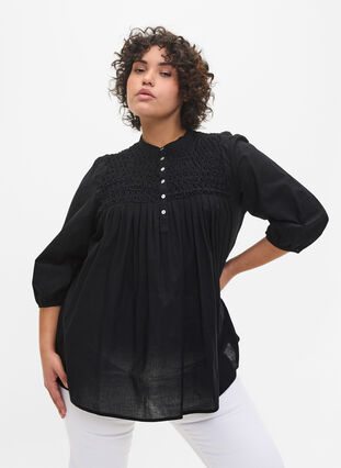 Cotton blouse with 3/4 sleeves and smock, Black, Model image number 0