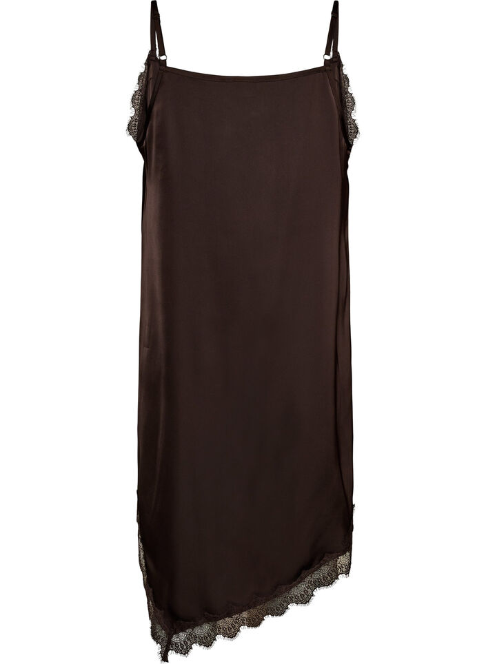 Satin-look dress with lace trim, Brown, Packshot image number 1