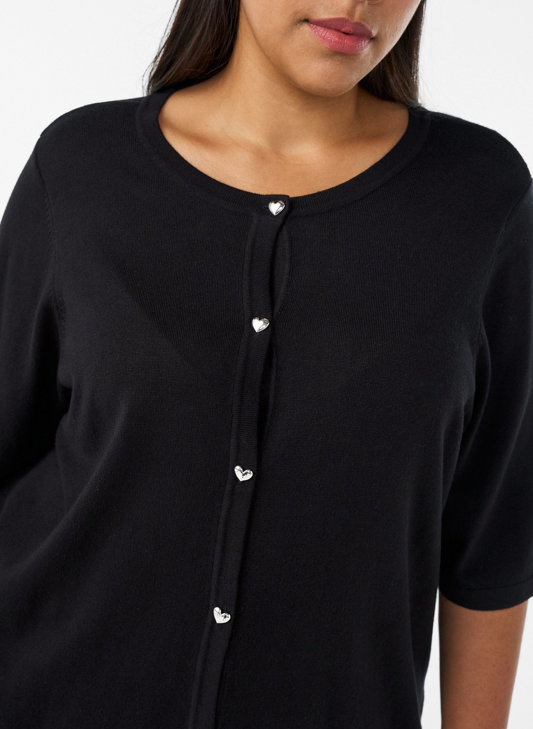 ZizzifashionKnit cardigan with heart buttons and short sleeves, Black, Model image number 3