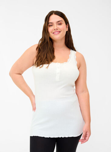 Ribbed tank top with lace and buttons, White Cream, Model image number 0