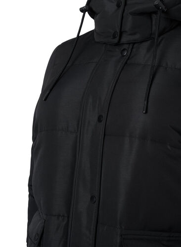 Long puffer jacket with pockets and hood, Black, Packshot image number 2