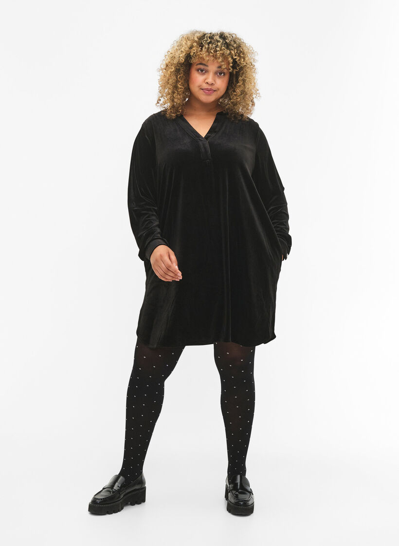 Long sleeve velour dress with v-neck, Black, Model image number 2