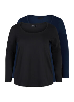 Basic cotton blouse 2-pack, Black/Navy B, Packshot image number 0