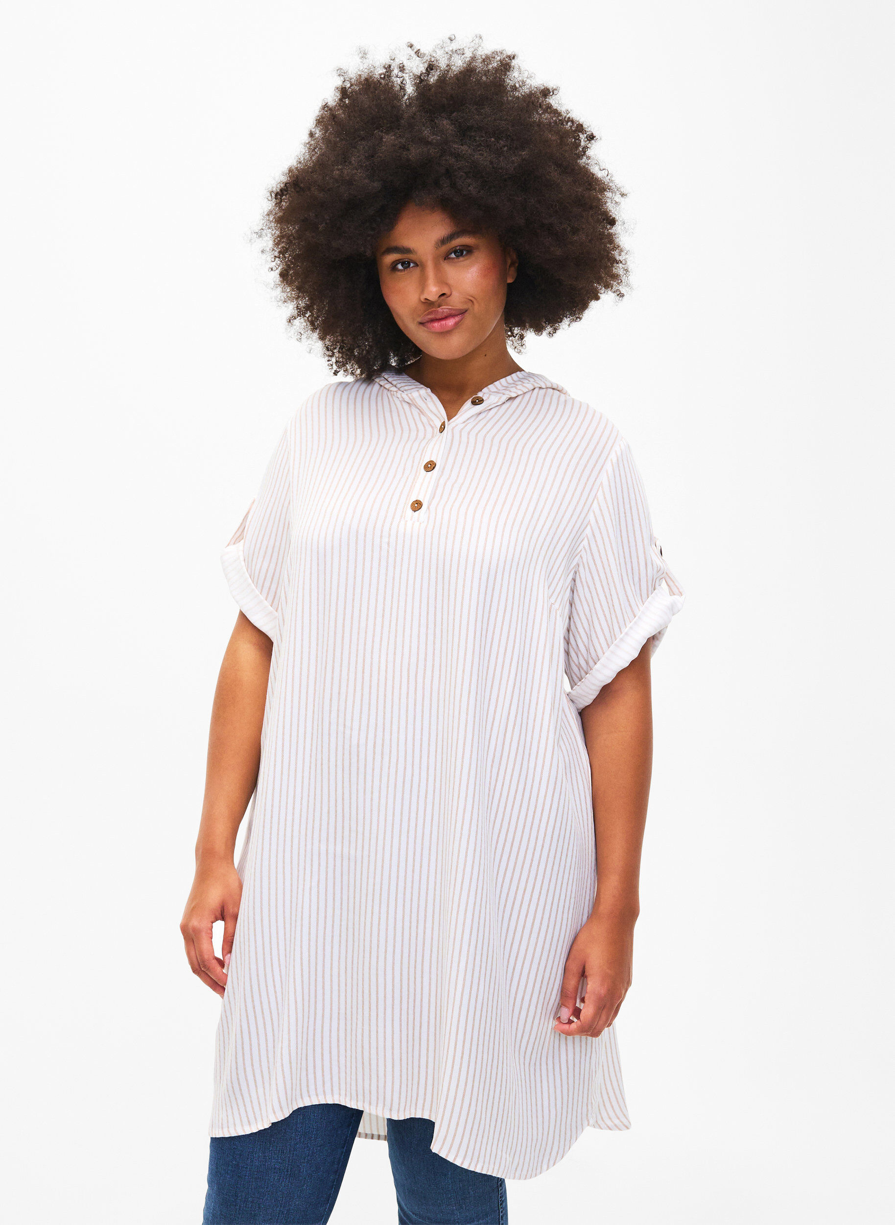 Zizzifashion Short-sleeved viscose tunic with hood, White Natural Stripe, Model image number 0