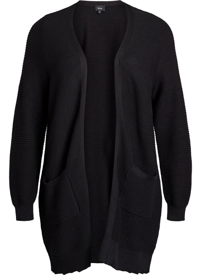 Long rib-knitted cotton cardigan, Black, Packshot image number 0