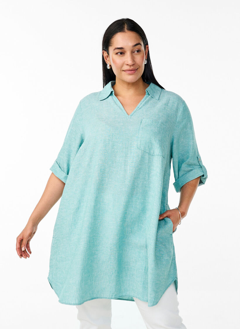 Linen and viscose tunic with A-shape, Blue, Model image number 0