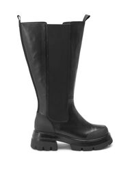Wide fit leather boot with long shaft and elastic, Black, Packshot
