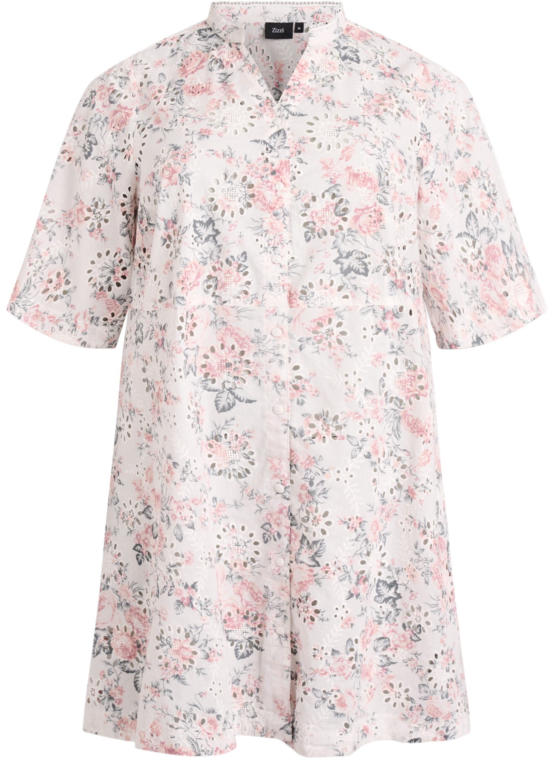 Cotton dress with floral print and broderie anglaise