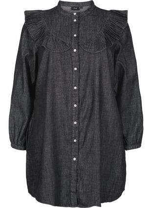 Ruffled denim dress with embellished buttons, Black Washed, Packshot image number 0