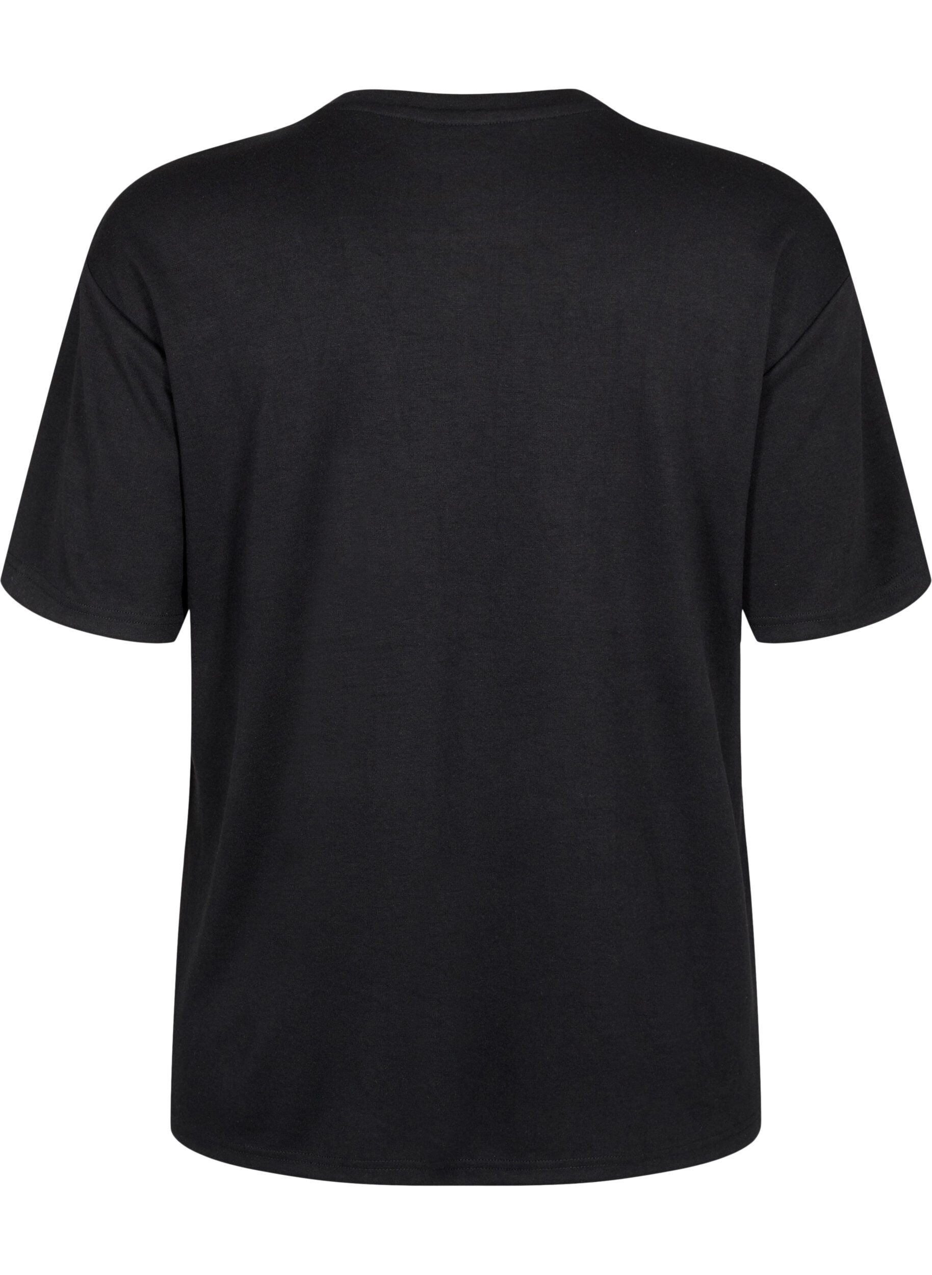 Zizzifashion T-shirt with rhinestones and round neck, Black, Packshot image number 1