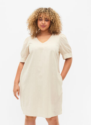 V-neck dress in cotton blend with linen, Sandshell, Model image number 0