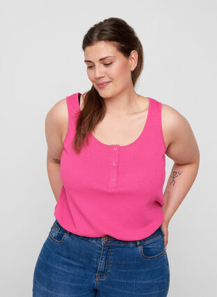 Top with a round neck in ribbed fabric, Fuchsia Purple, Model image number 0