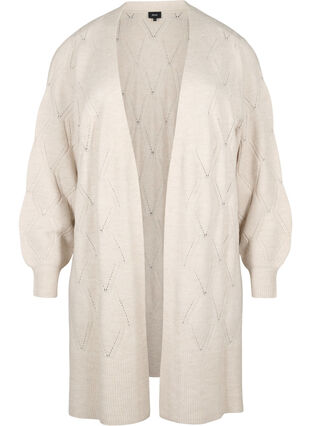Long knitted cardigan with hole pattern, Birch Mel., Packshot image number 0