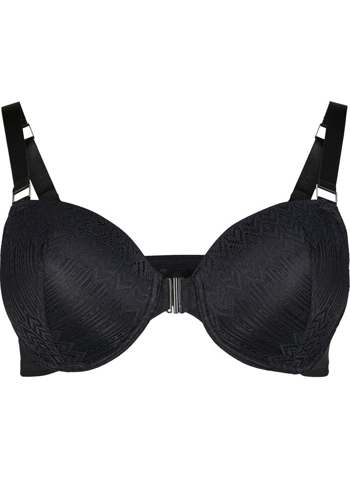 Moulded bra with lace and front closure, Black, Packshot image number 0