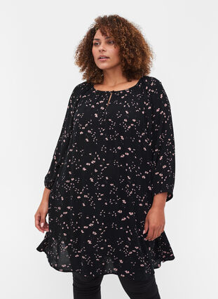 Printed viscose tunic with 3/4-length sleeves , Black Rose AOP, Model image number 0