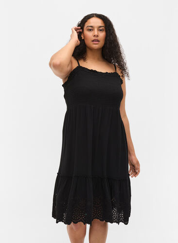 Viscose smock beach dress with embroidery anglaise, Black, Model image number 0