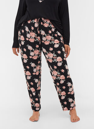 Floral viscose pyjama trousers, Black Flower AOP, Model image number 2