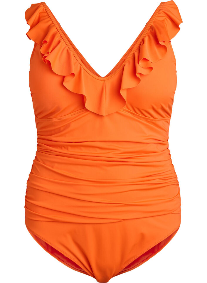 Swimsuit with ruffles and removable padding, Orange, Packshot image number 0