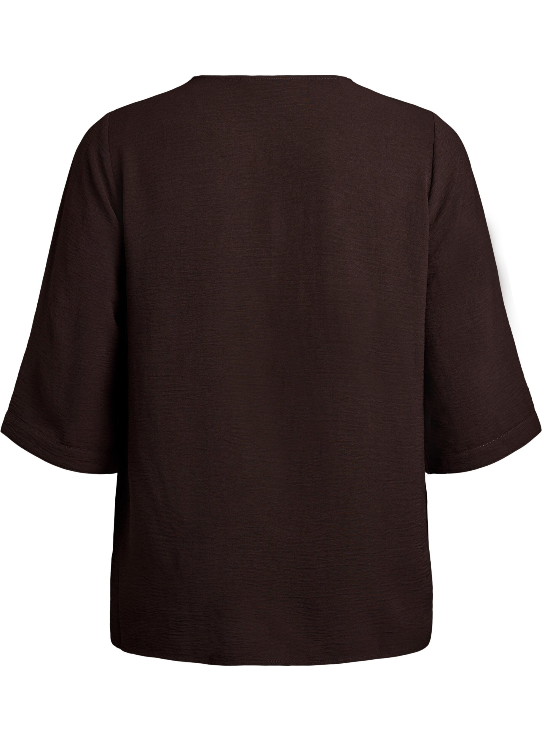 Zizzifashion Shirt blouse with V-neck and 3/4 sleeves, Brown, Packshot image number 1