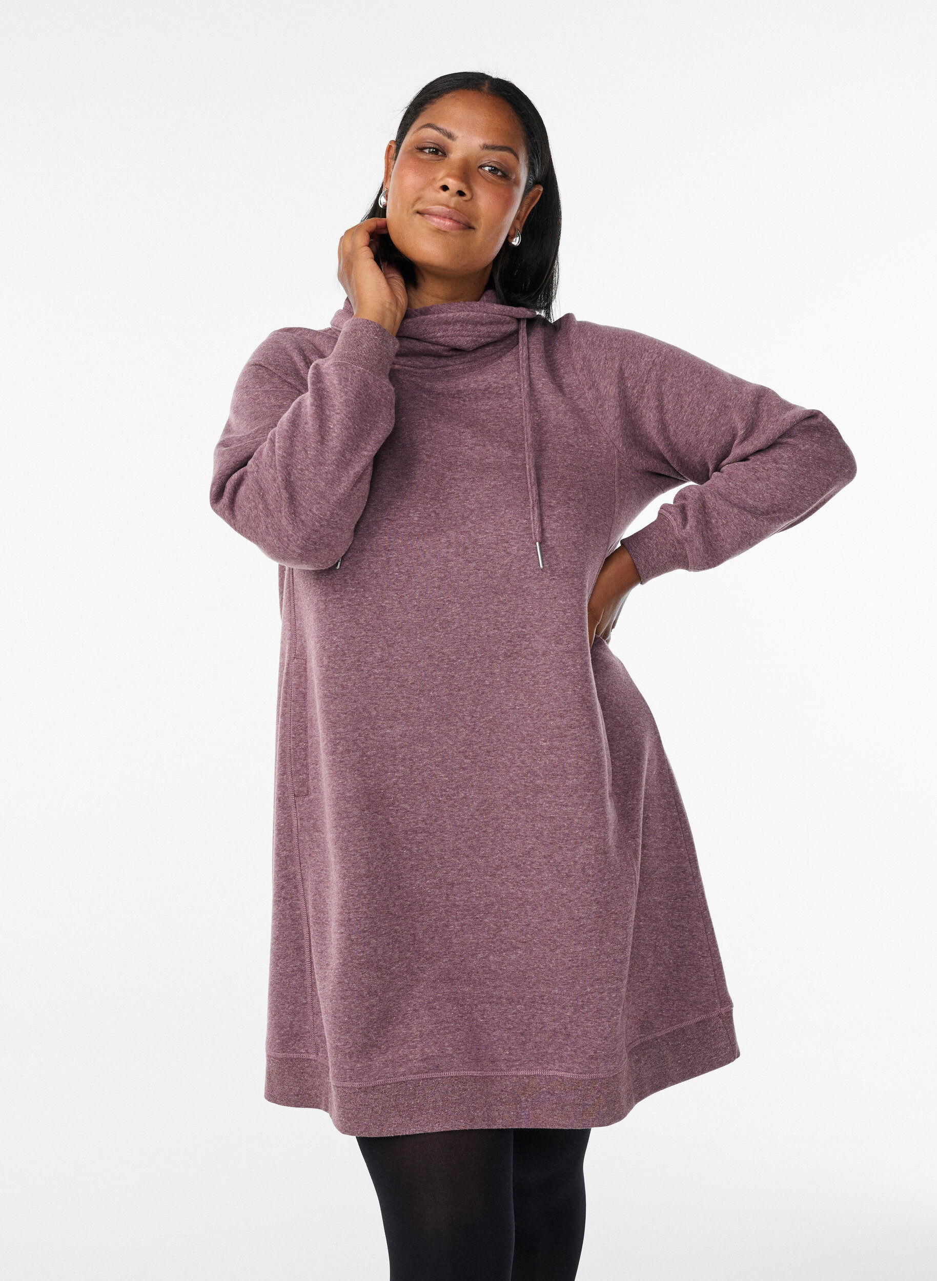 Short sweatshirt dress with high collar and pockets, Red, Model