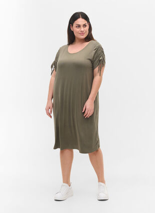 Short sleeved viscose dress with tie detail, Dusty Olive, Model image number 2