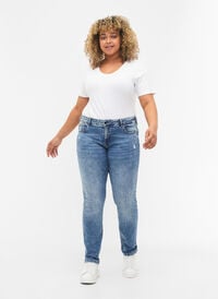 Emily jeans with regular waist and destroy, Blue denim, Model
