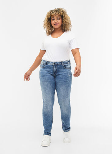Emily jeans with regular waist and destroy, Blue denim, Model image number 0