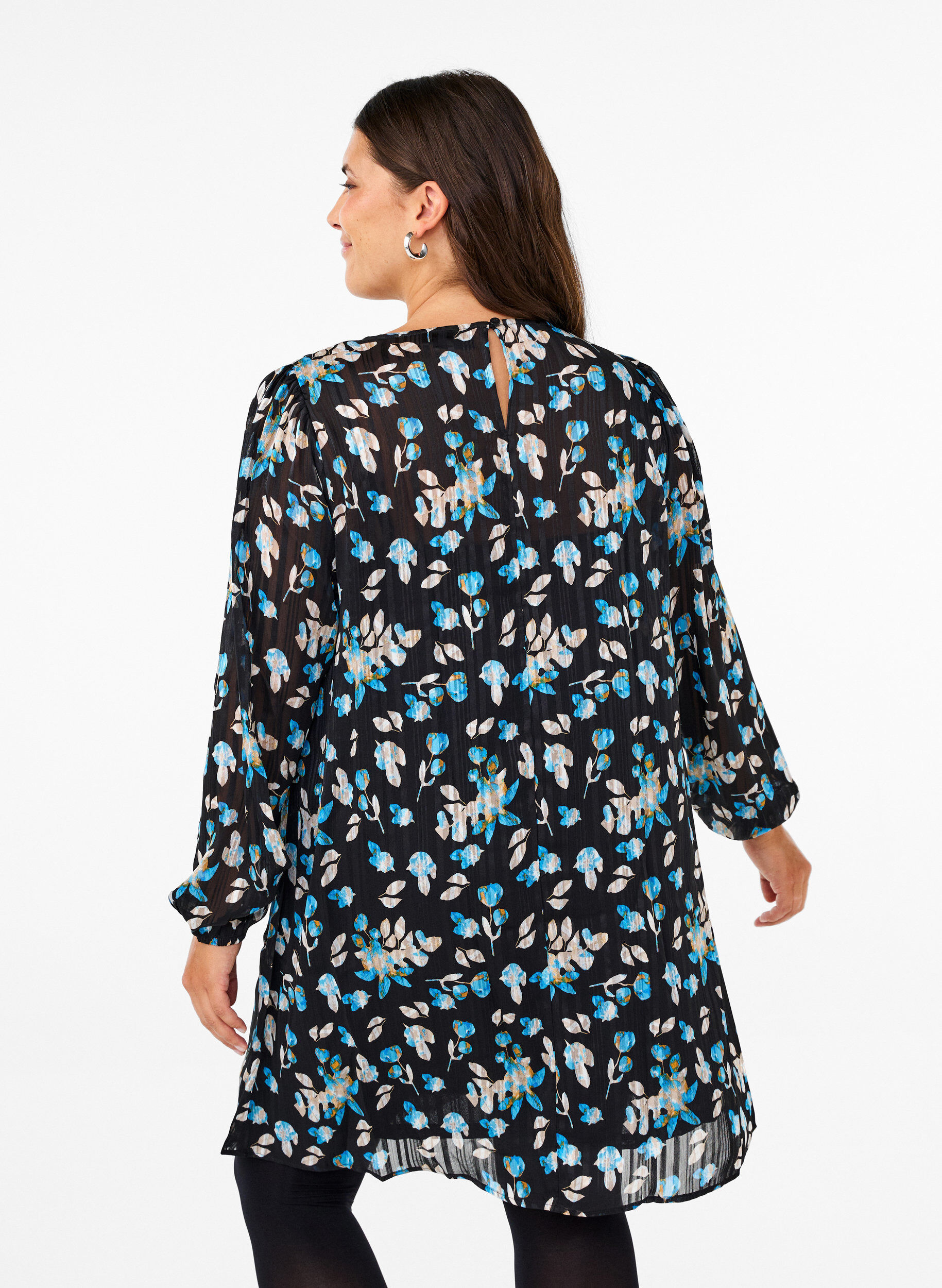 Zizzifashion Short printed dress with a round neck, Black Blue Fl. AOP, Model image number 1