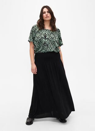 FLASH - Viscose maxi skirt with smocking, Black, Model image number 2