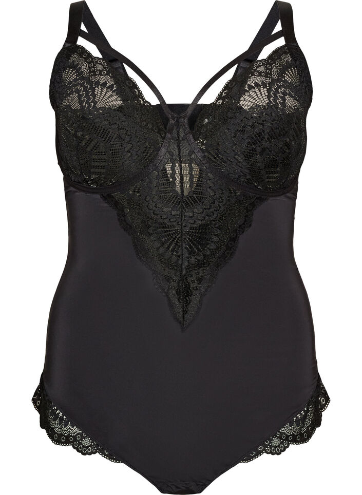 Underwired lace body with strap detail, Black, Packshot image number 0