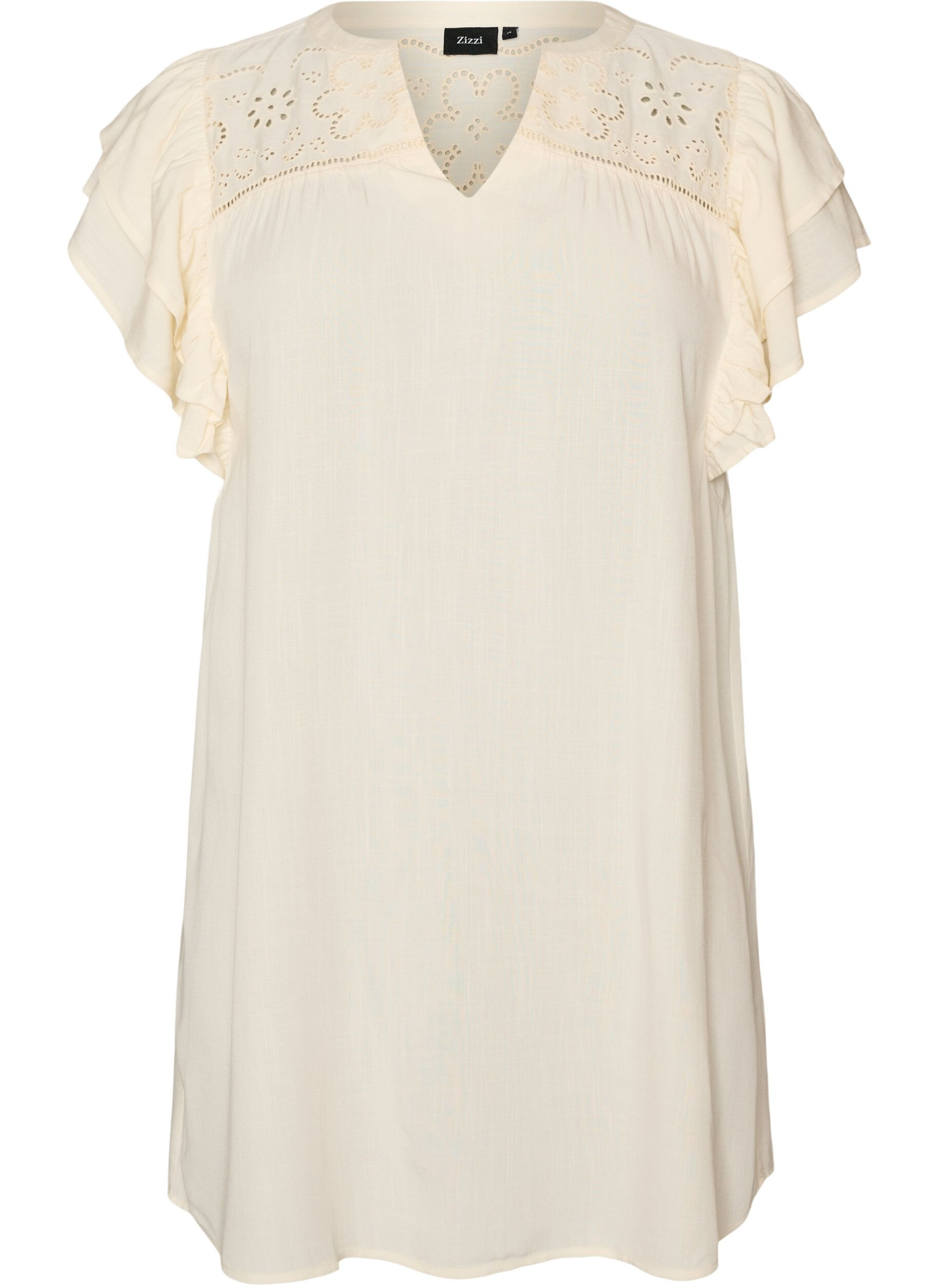 ZizzifashionTunic with broderie anglaise and ruffle sleeves, Beige, Packshot image number 0
