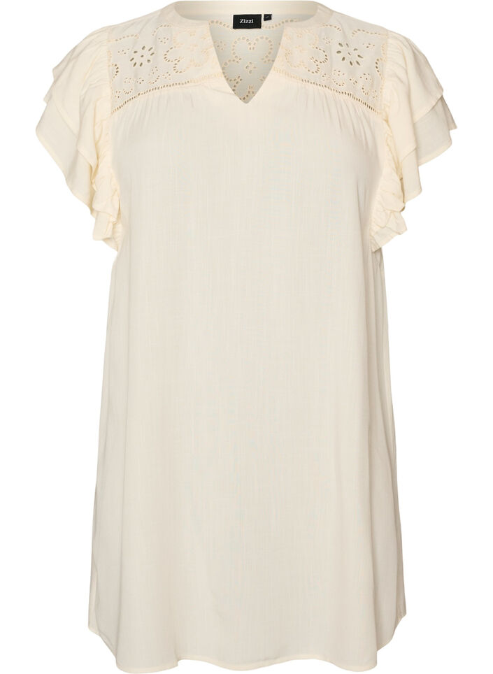 Tunic with broderie anglaise and ruffle sleeves, Beige, Packshot image number 0