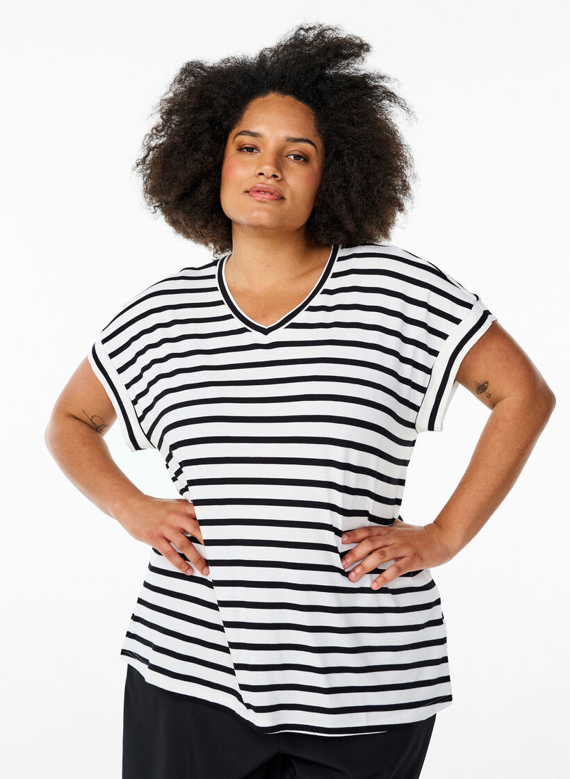 Striped T-shirt with V-neck, Black, Model image number 0